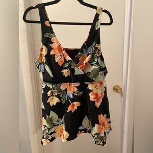 18W Women's Plunge Floral Peplum Tankini Top - Kona Sol™ Black/pink